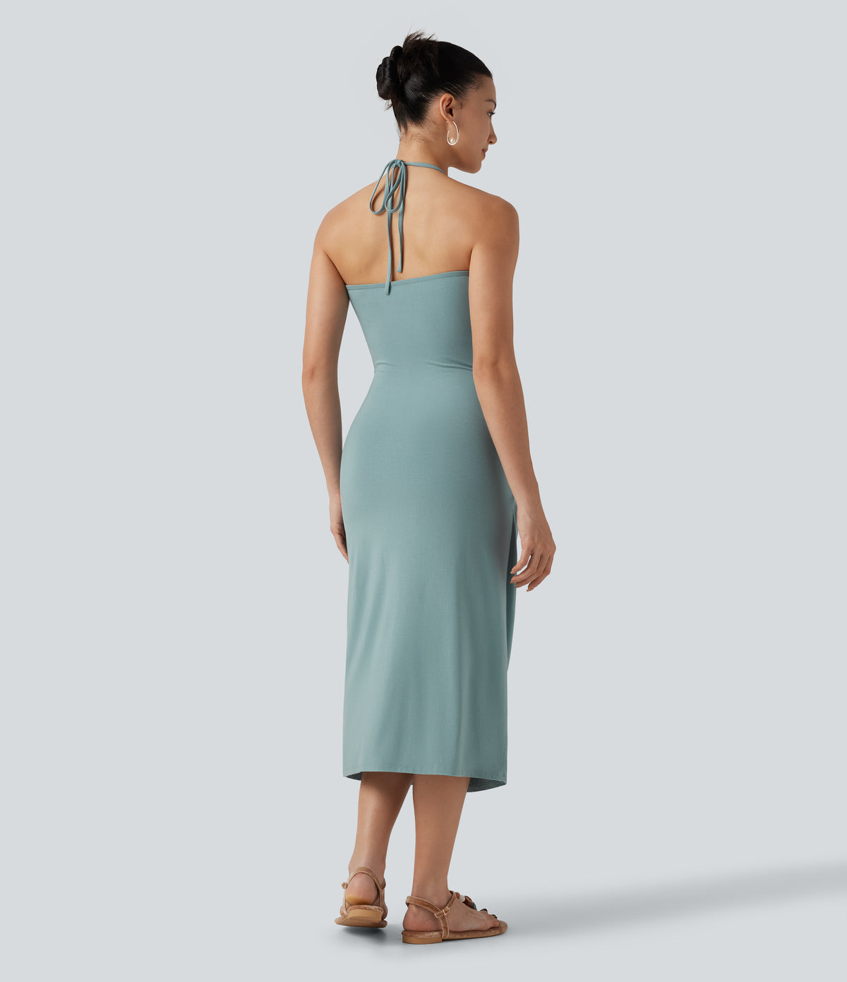 Halter Tie Back Built-in Bra Midi Resort Dress with Pockets — Oil Blue — view 3