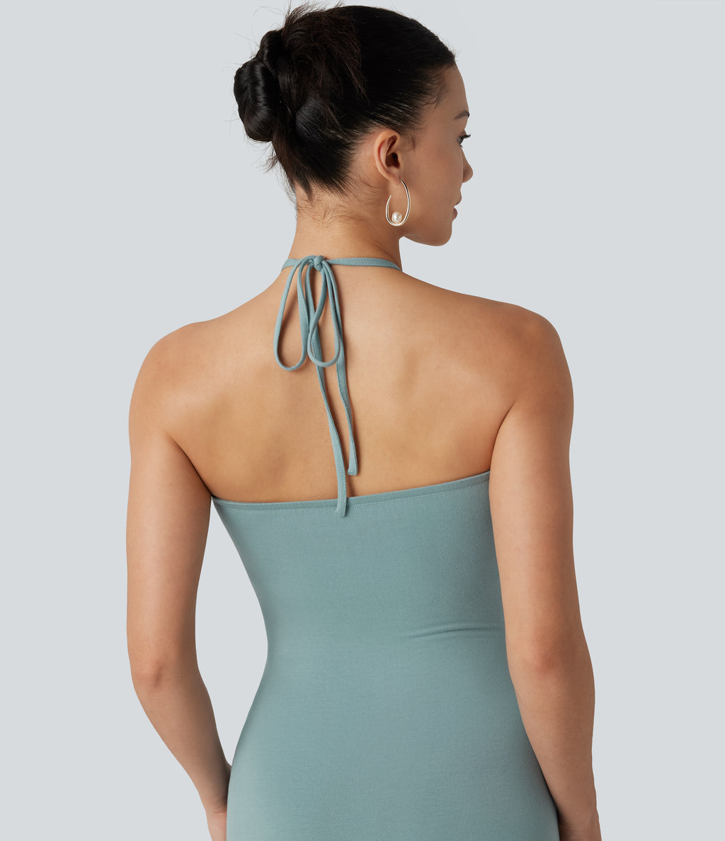 Halter Tie Back Built-in Bra Midi Resort Dress with Pockets — Oil Blue — view 7