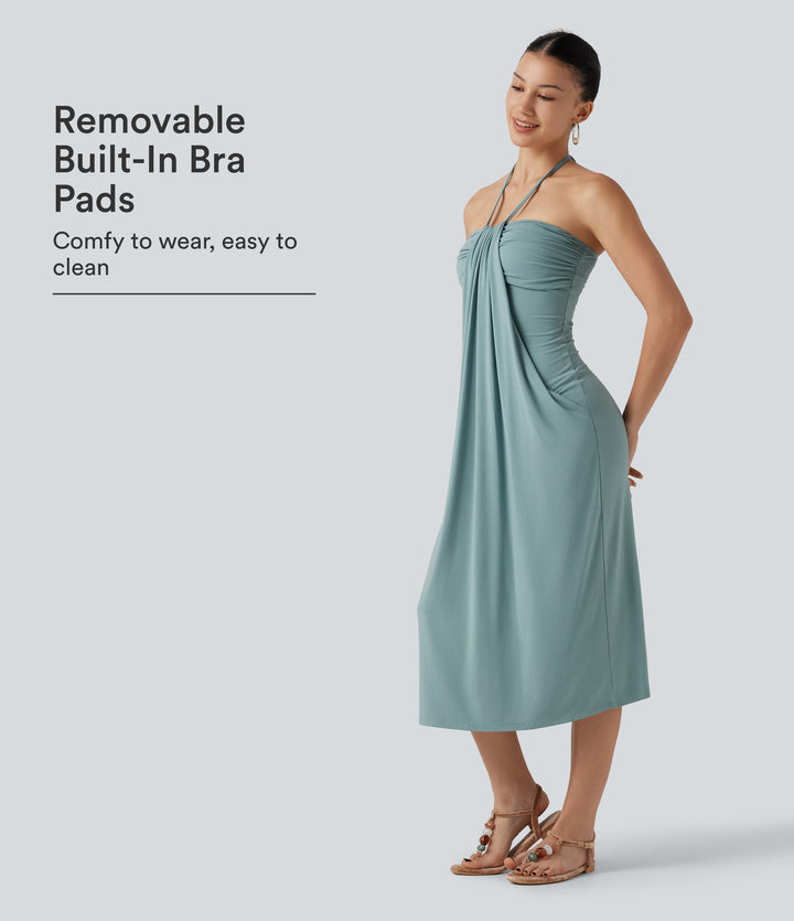 Halter Tie Back Built-in Bra Midi Resort Dress with Pockets — Oil Blue — view 1