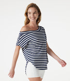 One Shoulder Short Sleeve Curved Hem Striped Built-in Bra Casual Top — Ashen Stripe — view 4