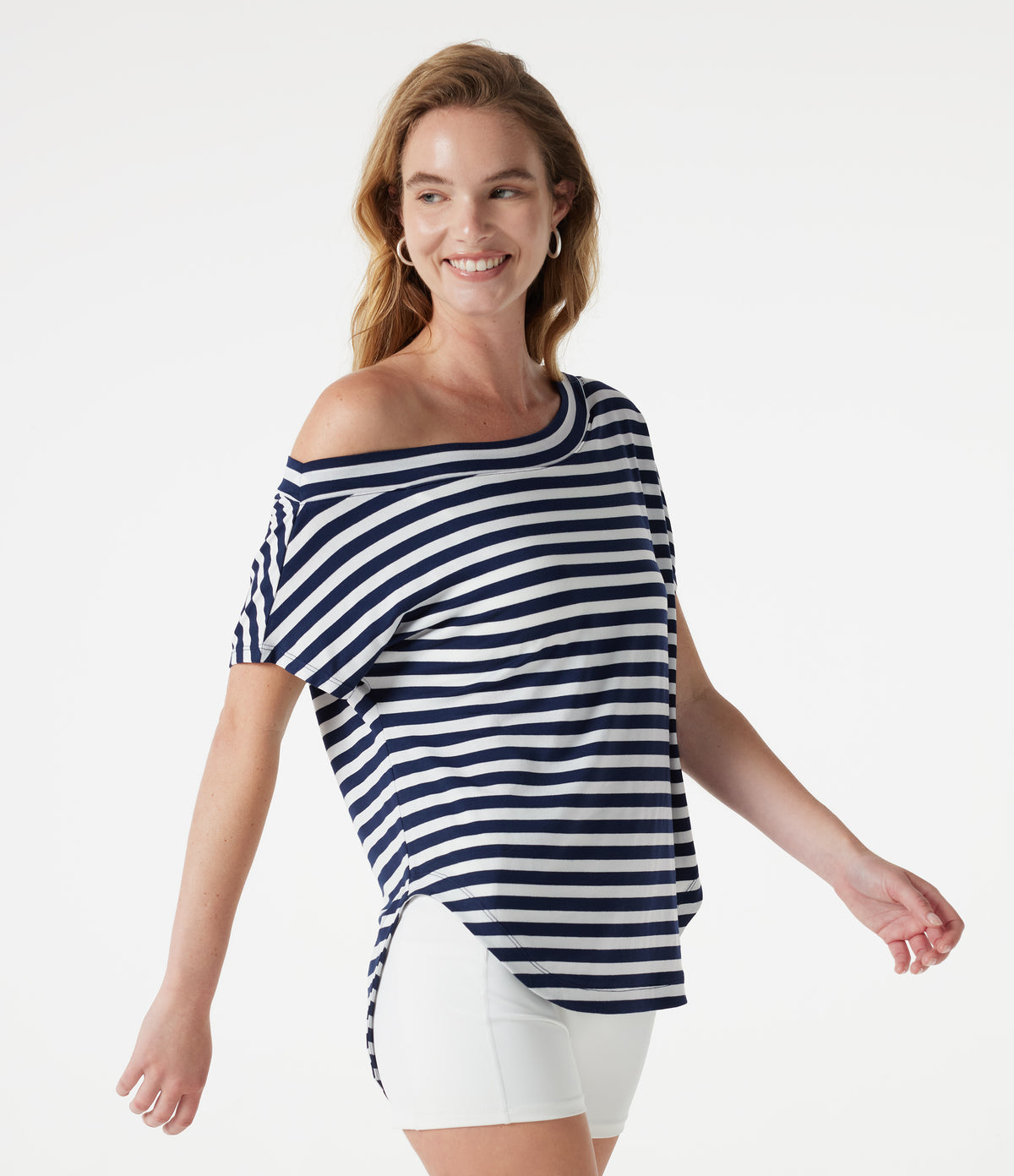 One Shoulder Short Sleeve Curved Hem Striped Built-in Bra Casual Top — Ashen Stripe — view 4