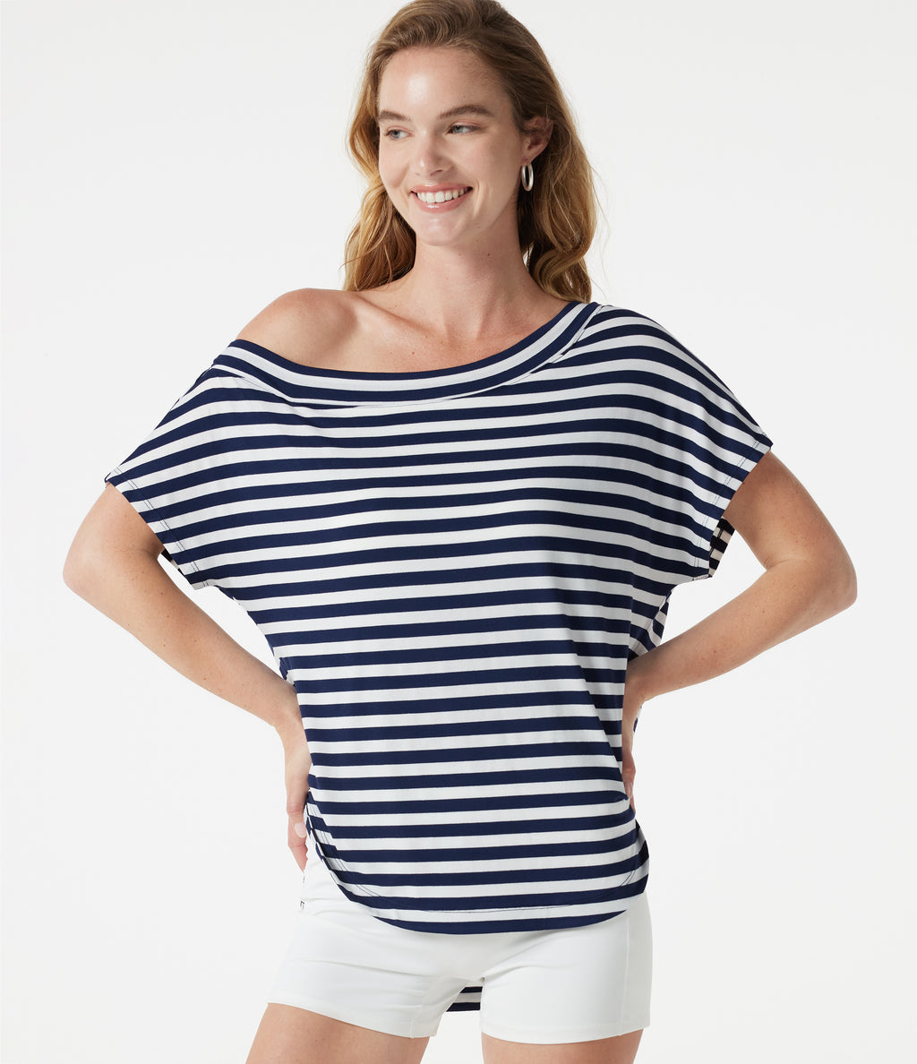 One Shoulder Short Sleeve Curved Hem Striped Built-in Bra Casual Top — Ashen Stripe — view 8