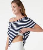 One Shoulder Short Sleeve Curved Hem Striped Built-in Bra Casual Top — Ashen Stripe — view 1