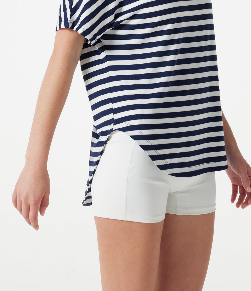 One Shoulder Short Sleeve Curved Hem Striped Built-in Bra Casual Top — Ashen Stripe — view 6