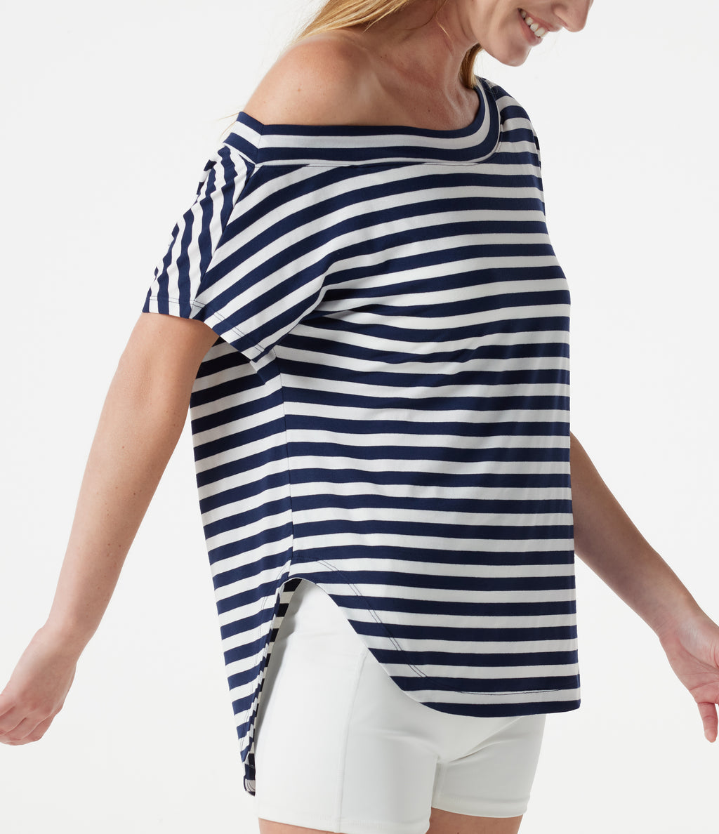 One Shoulder Short Sleeve Curved Hem Striped Built-in Bra Casual Top — Ashen Stripe — view 5