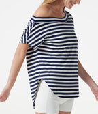 One Shoulder Short Sleeve Curved Hem Striped Built-in Bra Casual Top — Ashen Stripe — view 5