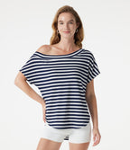 One Shoulder Short Sleeve Curved Hem Striped Built-in Bra Casual Top — Ashen Stripe — view 2