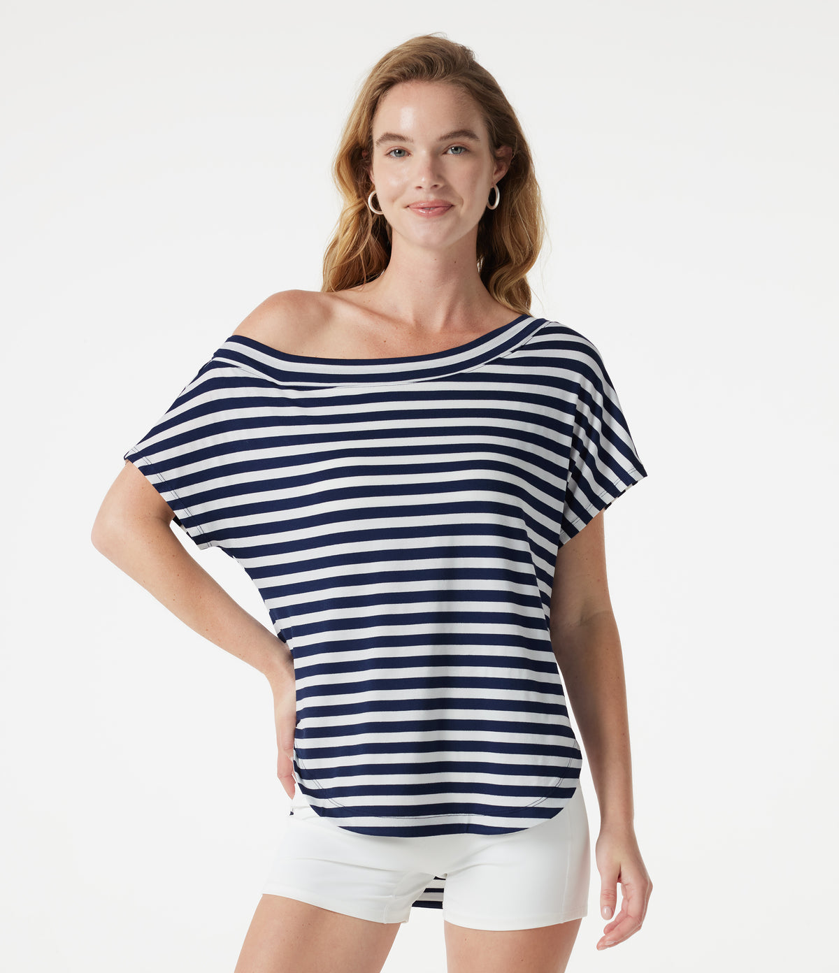 One Shoulder Short Sleeve Curved Hem Striped Built-in Bra Casual Top — Ashen Stripe — view 2