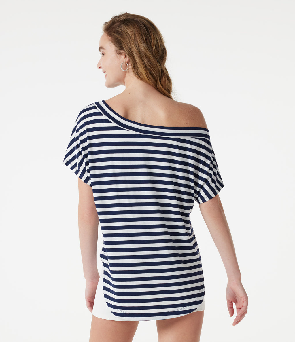 One Shoulder Short Sleeve Curved Hem Striped Built-in Bra Casual Top — Ashen Stripe — view 3