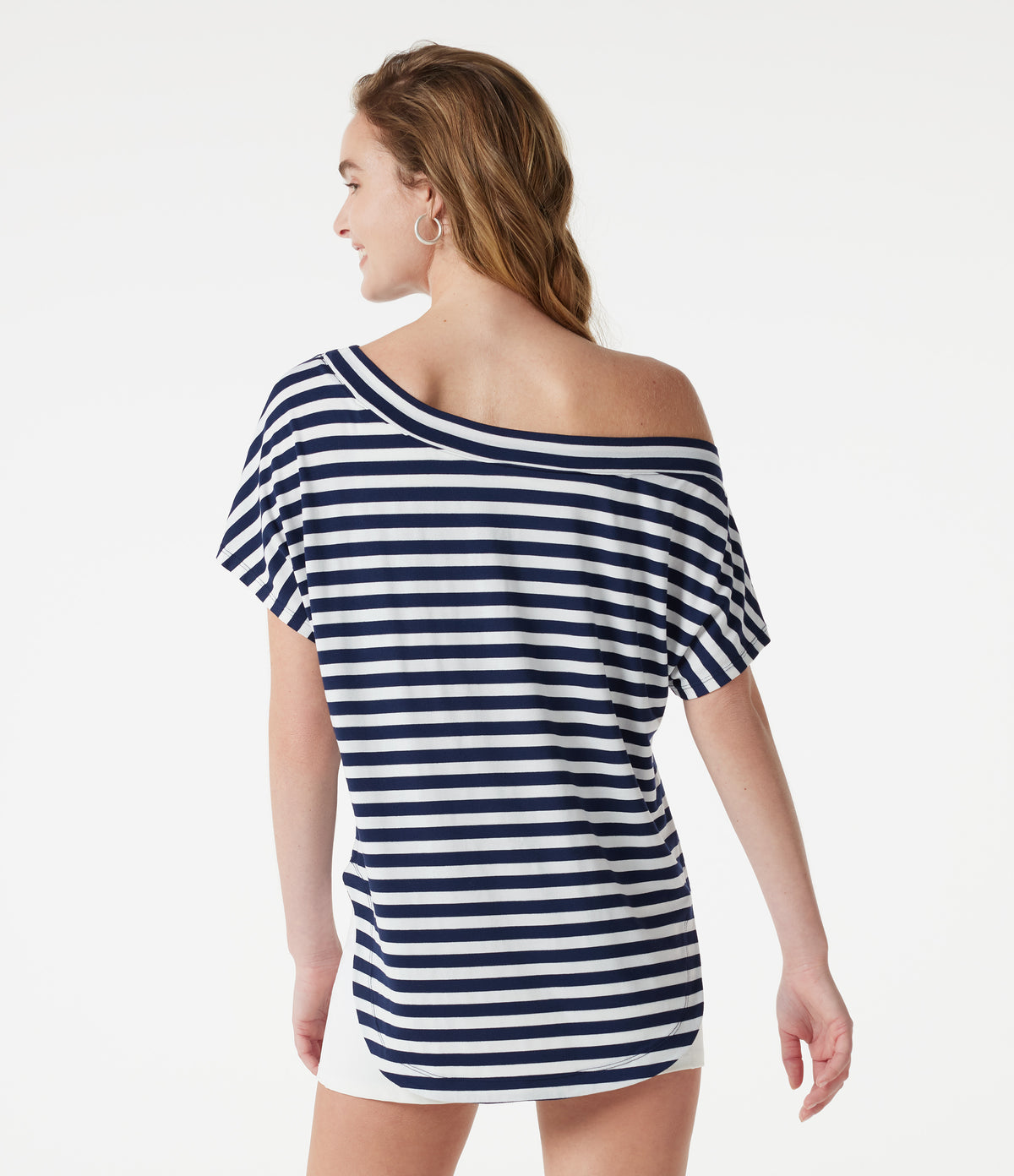 One Shoulder Short Sleeve Curved Hem Striped Built-in Bra Casual Top — Ashen Stripe — view 3