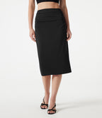 High Waisted Ruched Stretchy Satin-Like InstantCool Midi Casual Pencil Skirt — Black — view 9