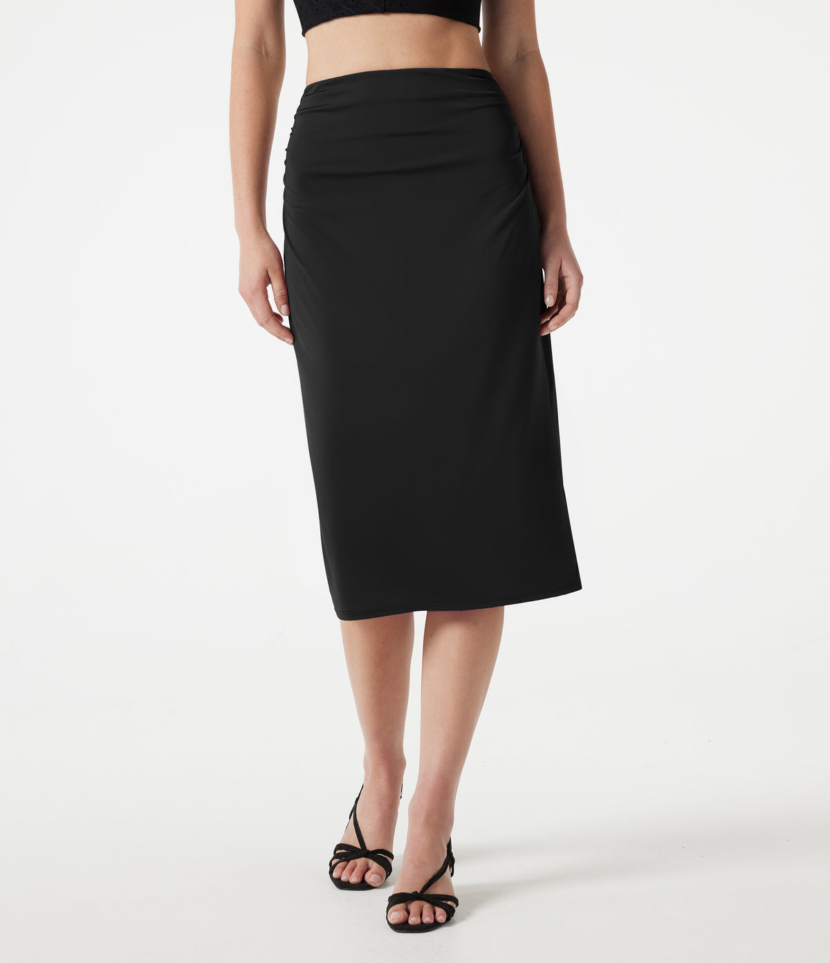 High Waisted Ruched Stretchy Satin-Like InstantCool Midi Casual Pencil Skirt — Black — view 9