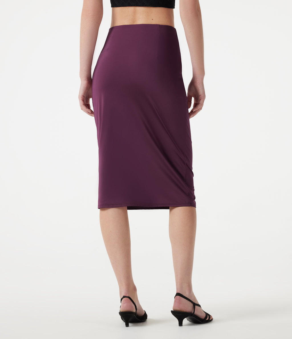 High Waisted Ruched Stretchy Satin-Like InstantCool Midi Casual Pencil Skirt — Amaranth — view 3