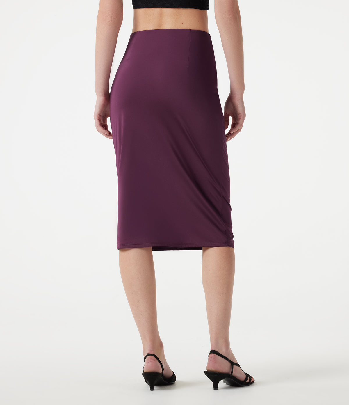 High Waisted Ruched Stretchy Satin-Like InstantCool Midi Casual Pencil Skirt — Amaranth — view 3
