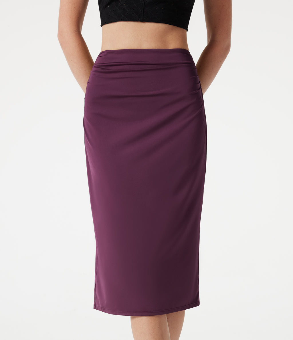 High Waisted Ruched Stretchy Satin-Like InstantCool Midi Casual Pencil Skirt — Amaranth — view 5