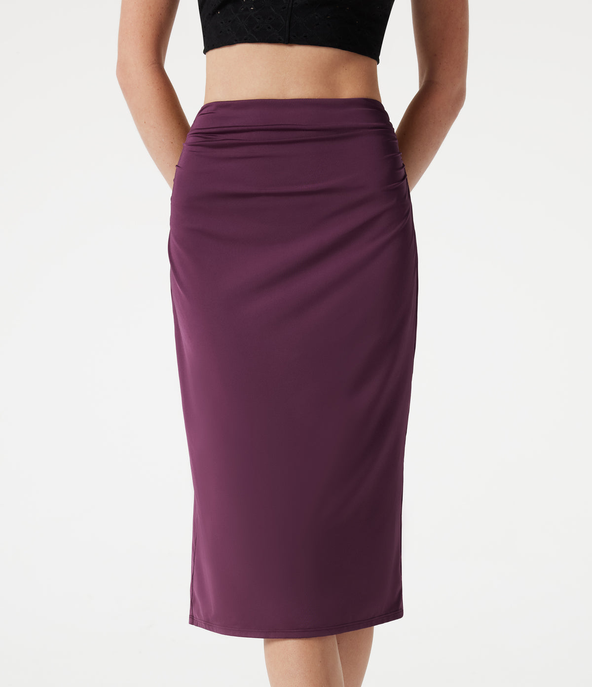 High Waisted Ruched Stretchy Satin-Like InstantCool Midi Casual Pencil Skirt — Amaranth — view 5