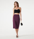 High Waisted Ruched Stretchy Satin-Like InstantCool Midi Casual Pencil Skirt — Amaranth — view 7