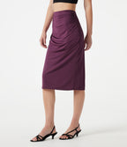 High Waisted Ruched Stretchy Satin-Like InstantCool Midi Casual Pencil Skirt — Amaranth — view 4