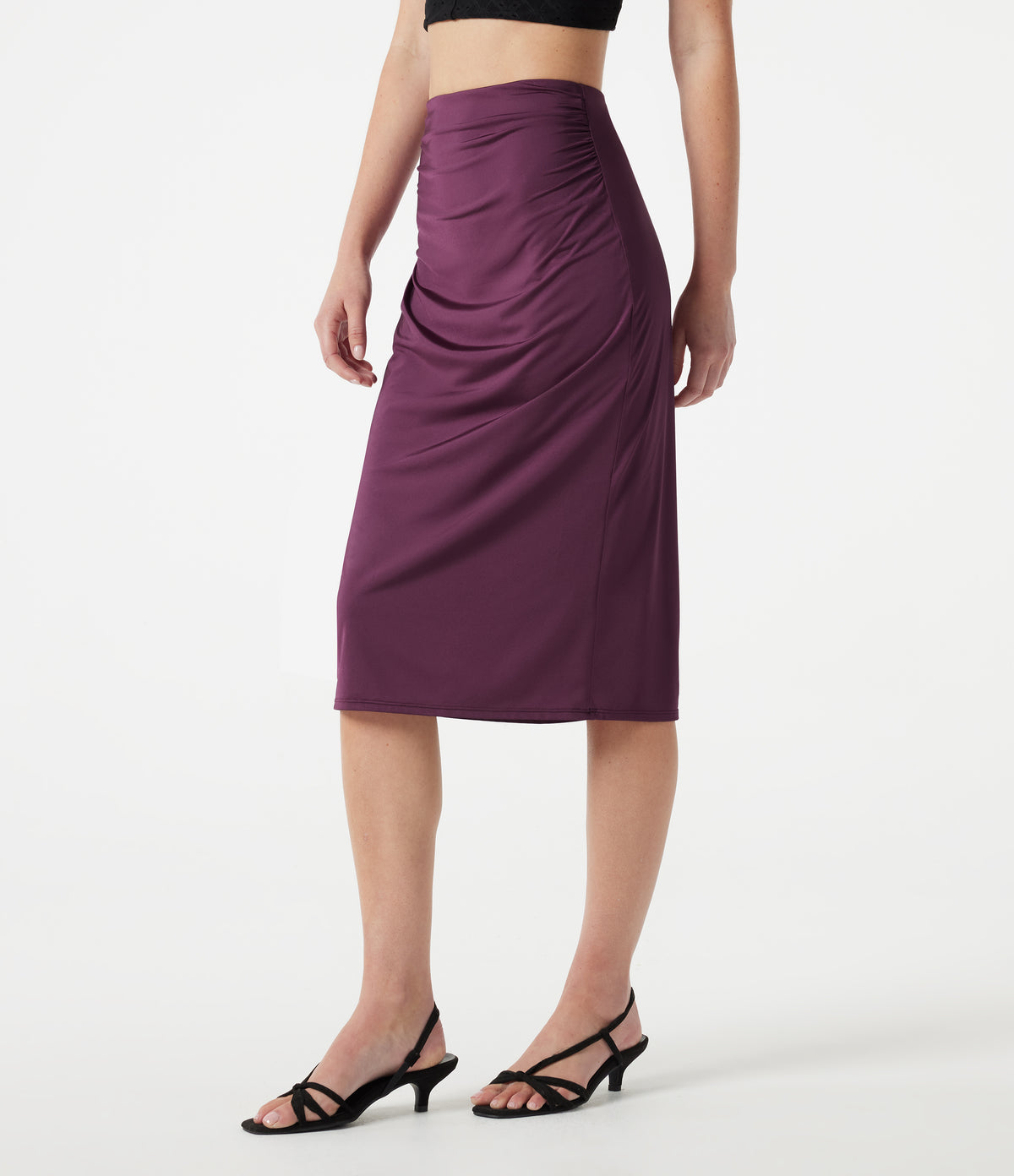 High Waisted Ruched Stretchy Satin-Like InstantCool Midi Casual Pencil Skirt — Amaranth — view 4
