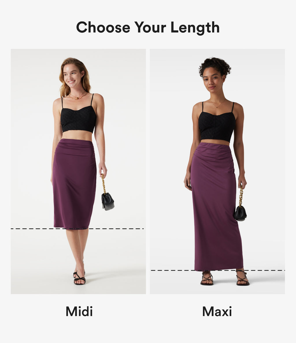 High Waisted Ruched Stretchy Satin-Like InstantCool Midi Casual Pencil Skirt — Amaranth — view 2
