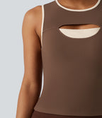 Ribbed Round Neck Cut Out Front Color Block Workout Tank Top — Chestnut — view 5