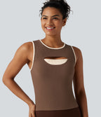 Ribbed Round Neck Cut Out Front Color Block Workout Tank Top — Chestnut — view 1