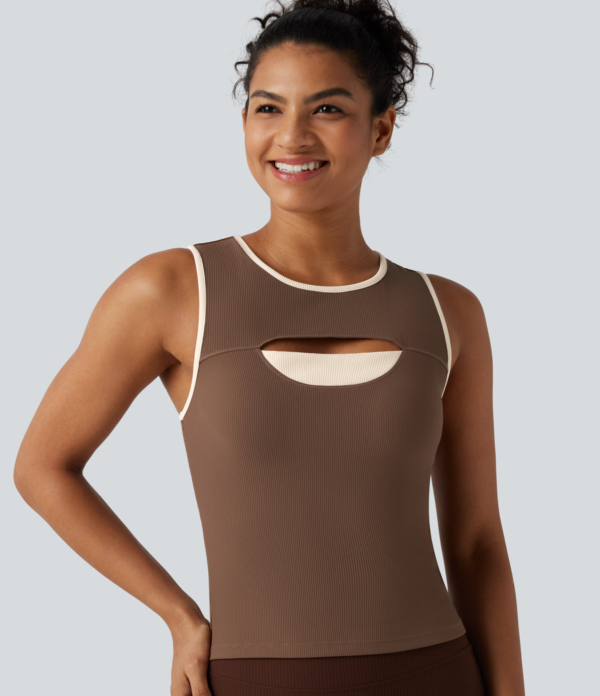Ribbed Round Neck Cut Out Front Color Block Workout Tank Top — Chestnut — view 1