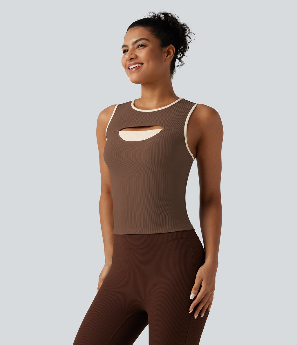 Ribbed Round Neck Cut Out Front Color Block Workout Tank Top — Chestnut — view 3