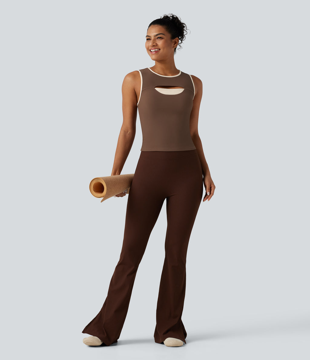 Ribbed Round Neck Cut Out Front Color Block Workout Tank Top — Chestnut — view 6