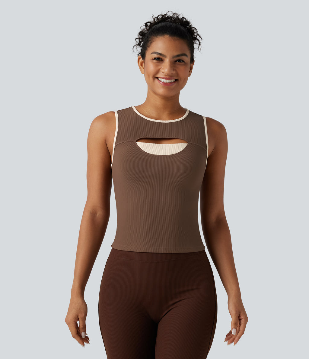 Ribbed Round Neck Cut Out Front Color Block Workout Tank Top — Chestnut — view 4