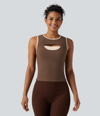 Ribbed Round Neck Cut Out Front Color Block Workout Tank Top — Chestnut — view 4