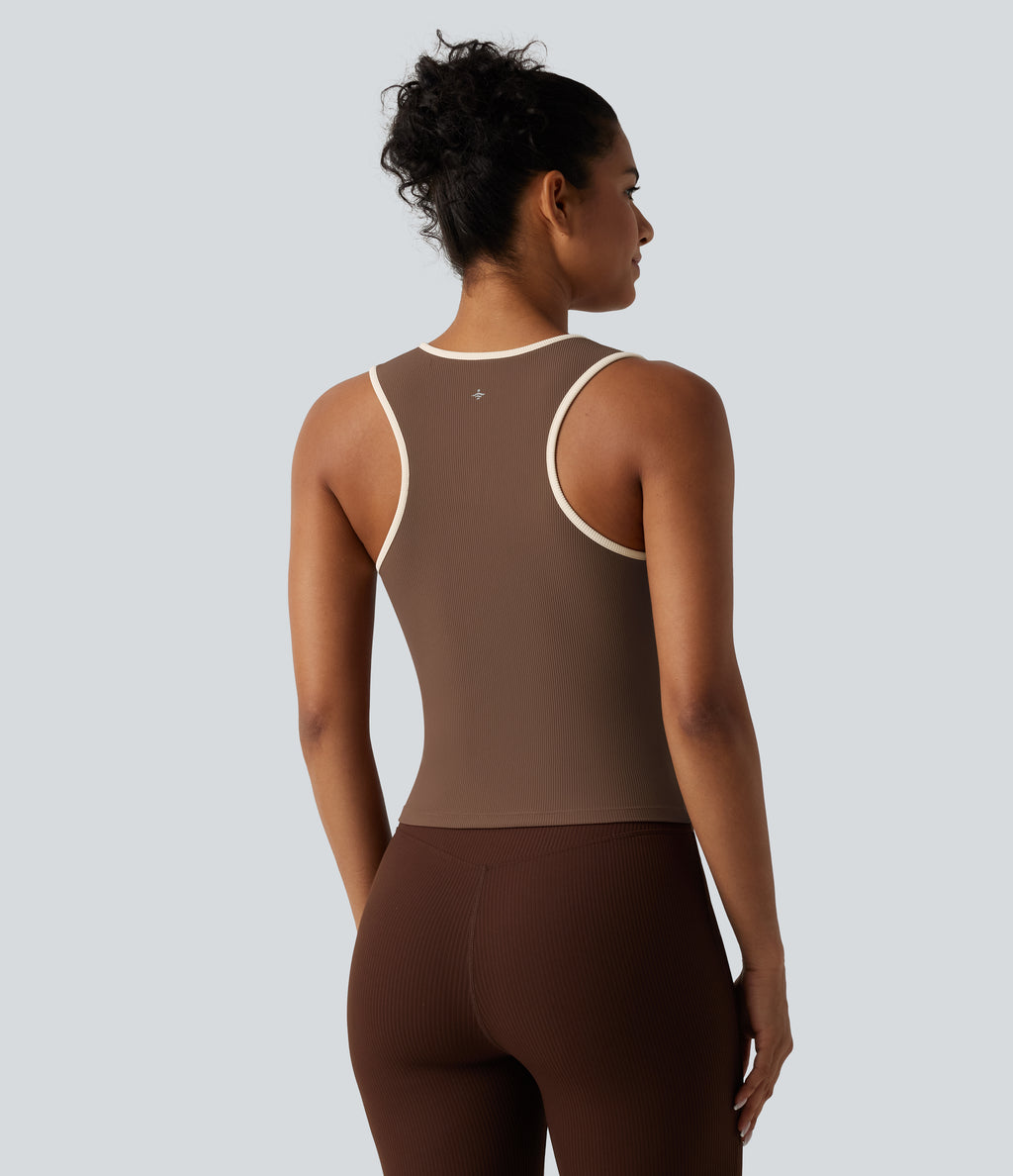 Ribbed Round Neck Cut Out Front Color Block Workout Tank Top — Chestnut — view 2