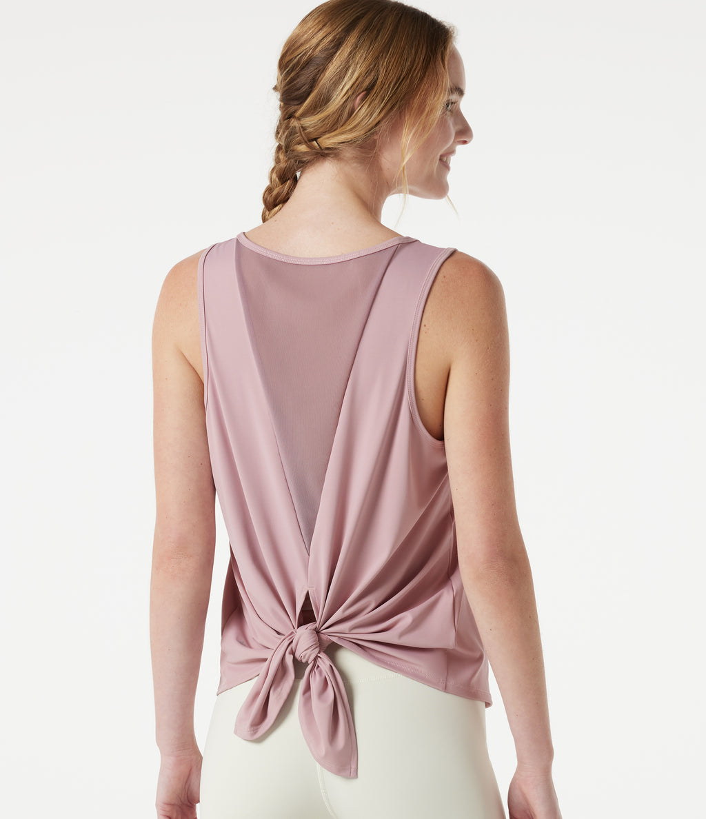 Round Neck Mesh Back Tie Yoga Tank Top — Cloud Gray Purple — view 1