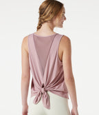 Round Neck Mesh Back Tie Yoga Tank Top — Cloud Gray Purple — view 1