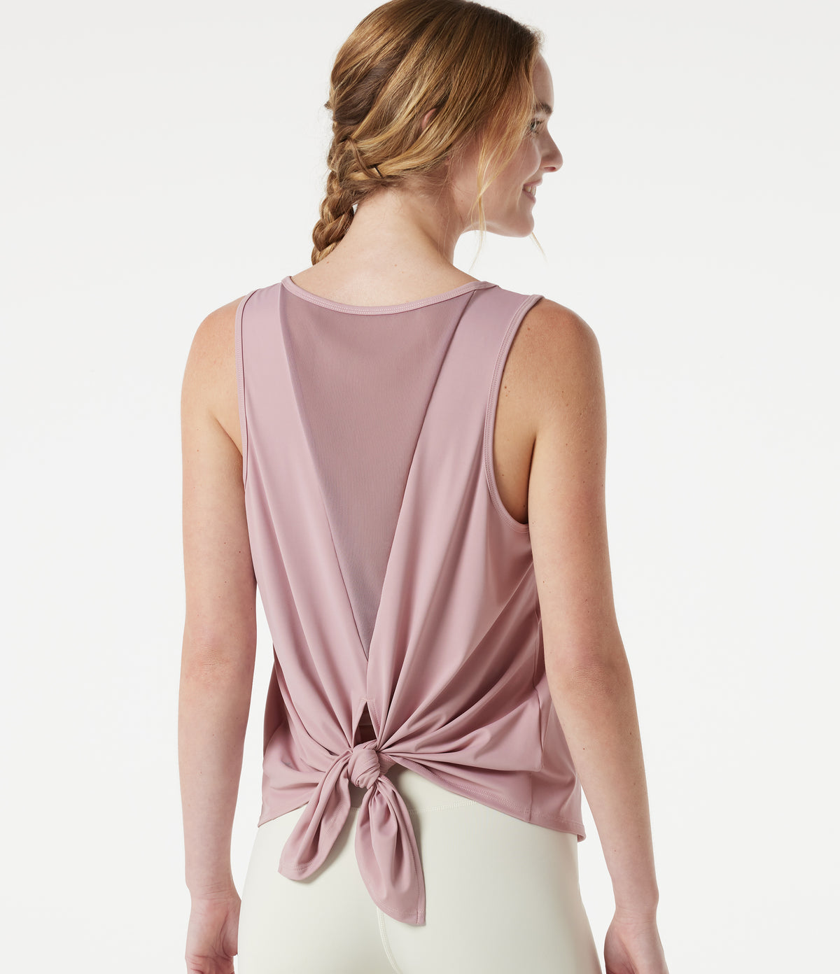 Round Neck Mesh Back Tie Yoga Tank Top — Cloud Gray Purple — view 1