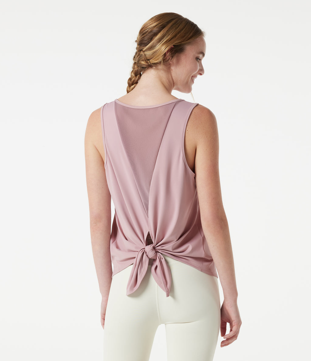 Round Neck Mesh Back Tie Yoga Tank Top — Cloud Gray Purple — view 4
