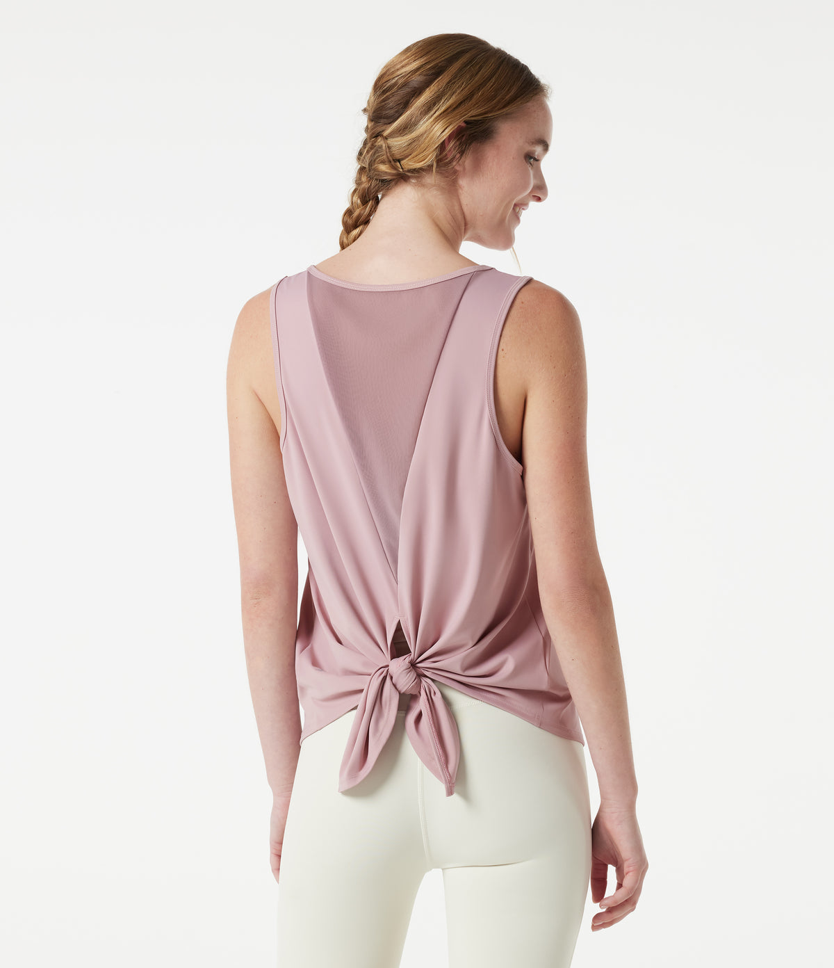 Round Neck Mesh Back Tie Yoga Tank Top — Cloud Gray Purple — view 4