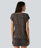 V Neck Short Sleeve Leopard Print Casual T-Shirt — Deep Umber Leopard — view 2