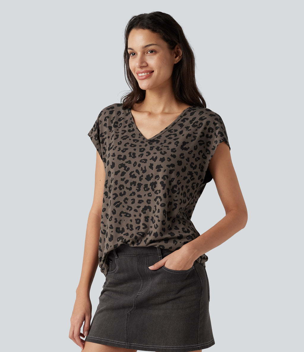 V Neck Short Sleeve Leopard Print Casual T-Shirt — Deep Umber Leopard — view 3