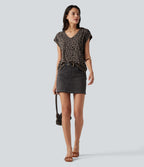 V Neck Short Sleeve Leopard Print Casual T-Shirt — Deep Umber Leopard — view 7