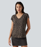 V Neck Short Sleeve Leopard Print Casual T-Shirt — Deep Umber Leopard — view 4
