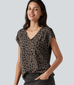 V Neck Short Sleeve Leopard Print Casual T-Shirt — Deep Umber Leopard — view 1