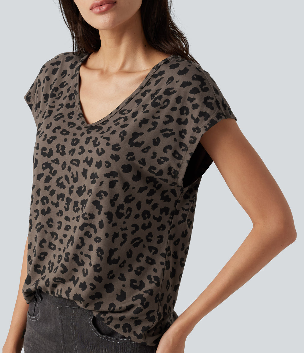 V Neck Short Sleeve Leopard Print Casual T-Shirt — Deep Umber Leopard — view 5