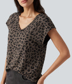 V Neck Short Sleeve Leopard Print Casual T-Shirt — Deep Umber Leopard — view 5