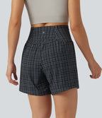 Check Plaid Print Super High Waisted 2-in-1 Yoga Shorts 5'' with Pockets — Storm Gray Check Plaid — view 2
