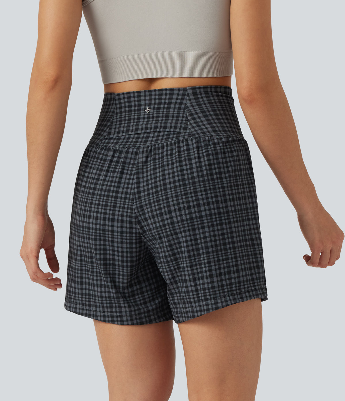Check Plaid Print Super High Waisted 2-in-1 Yoga Shorts 5'' with Pockets — Storm Gray Check Plaid — view 2
