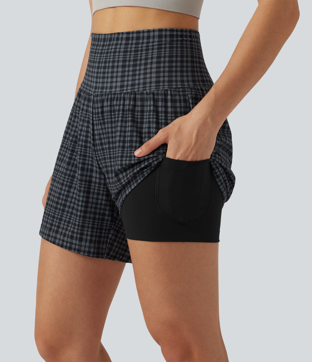 Check Plaid Print Super High Waisted 2-in-1 Yoga Shorts 5'' with Pockets — Storm Gray Check Plaid — view 4