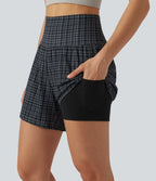 Check Plaid Print Super High Waisted 2-in-1 Yoga Shorts 5'' with Pockets — Storm Gray Check Plaid — view 4