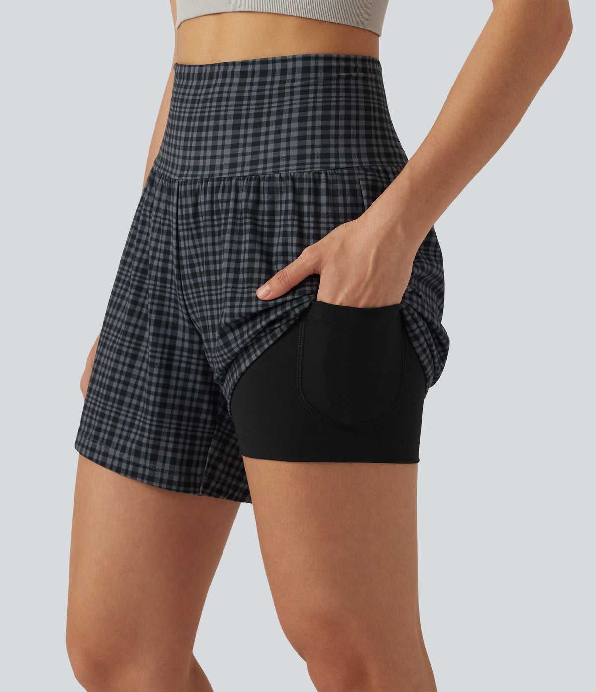 Check Plaid Print Super High Waisted 2-in-1 Yoga Shorts 5'' with Pockets — Storm Gray Check Plaid — view 4