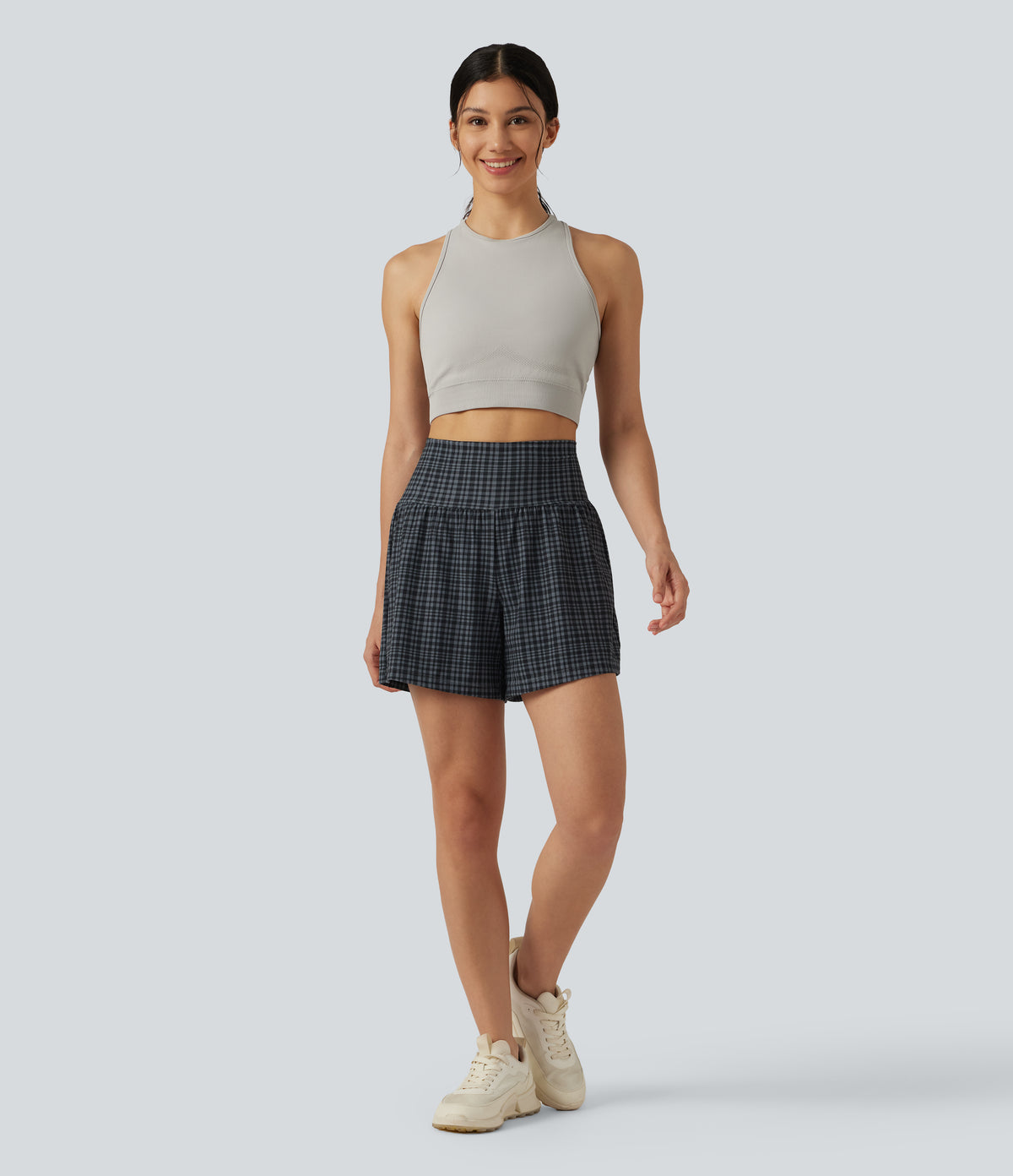 Check Plaid Print Super High Waisted 2-in-1 Yoga Shorts 5'' with Pockets — Storm Gray Check Plaid — view 7